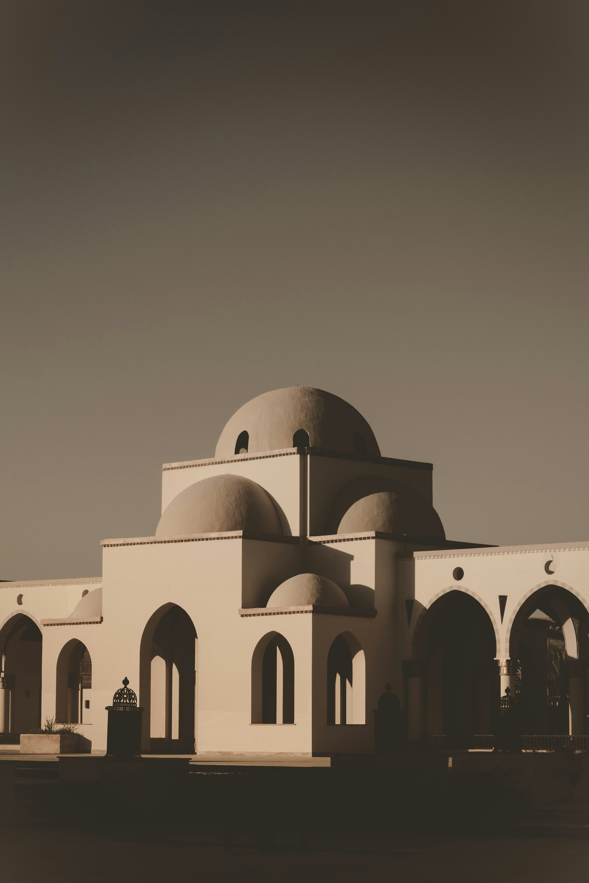 Mudbrick fort and domes in desert light